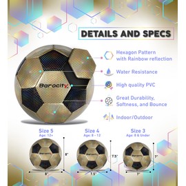 Barocity Classic Black and Gold Size 3 Soccer Ball - Premium Outdoor and Indoor Soccer Ball with Reflective Iridescent Rainbow Hex Pattern, Perfect Practice Kids Soccer Ball for Boys and Girls