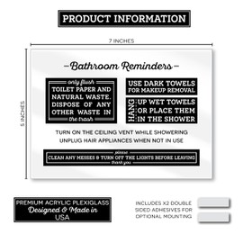 Acrylic 5x7 Bathroom Rules, Do Not Flush Sign for Bathroom, Compatible with Airbnb Essentials, Dark Towels for Make Up Removal, Clean Messes and Turn Off the Lights Sign Made in USA