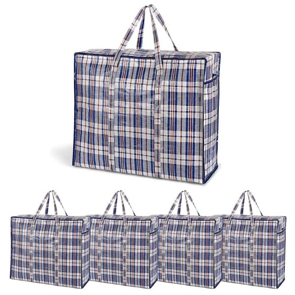 PACK of 5 Large Strong and Durable Laundry Bags | Ideal for Laundry/Moving House/Shopping/Storage | Reusable Store Zip Bag (Blue)