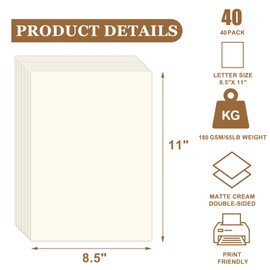 40 Sheets Cream Cardstock Paper 8.5" x 11", 65 lb/180 GSM Off-White Card Stock Printer Paper for Cards Making, Office Printing, Cards for Wedding, Invitation, Business, Menus, Certificate, Cream