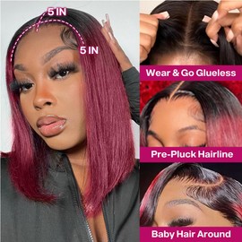 Ailwelia 1B Burgundy Wear And Go Bob Wigs Ombre 5x5 Hd Lace Closure Wigs Human Hair 1B 99j Burgundy Glueless Bob Wigs Human Hair Pre Plucked Straight Ombre Burgundy Wig Human Hair 200% Density 14 Inch