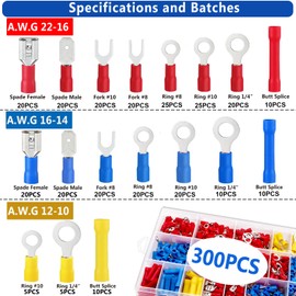 Tnisesm 300PCS Insulated Wire Crimp Connectors Assortment Kit with Ring, Spade, Butt, Quick Disconnect, Crimp Automotive Cable Terminals TN-T01