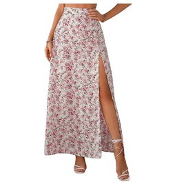GORGLITTER Women's Skirt Casual Holiday Skirt Floral Long Skirt Casual Summer Skirt Skirts Airy A Line Maxi Skirt with Slit, Red-and-white