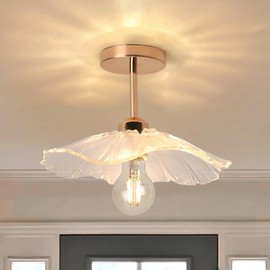 MUMENG Flower Ceiling Light Fixture, Gold Brass Semi Flush Mount Ceiling Light, Vintage Glass Close to Ceiling Lamp for Hallway, Entryway, Porch, Kitchen, Bedroom