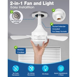 ZUIKAIG Socket Fan Light with Remote, 18in Small Ceiling Fan Lights with E26 Base, 3 Speeds, 3000K-6500K Kelvin, Dimmable LED, Timer, Cordless Light Socket Fan for Kitchen, Bedroom, and Small Rooms