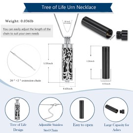 Hearbeingt Cylinder Cremation Jewelry Urn Necklace for Ashes for Women Men Angel Tree of Life Hollow Keepsake Pendant for Ashes with Urn(Black)