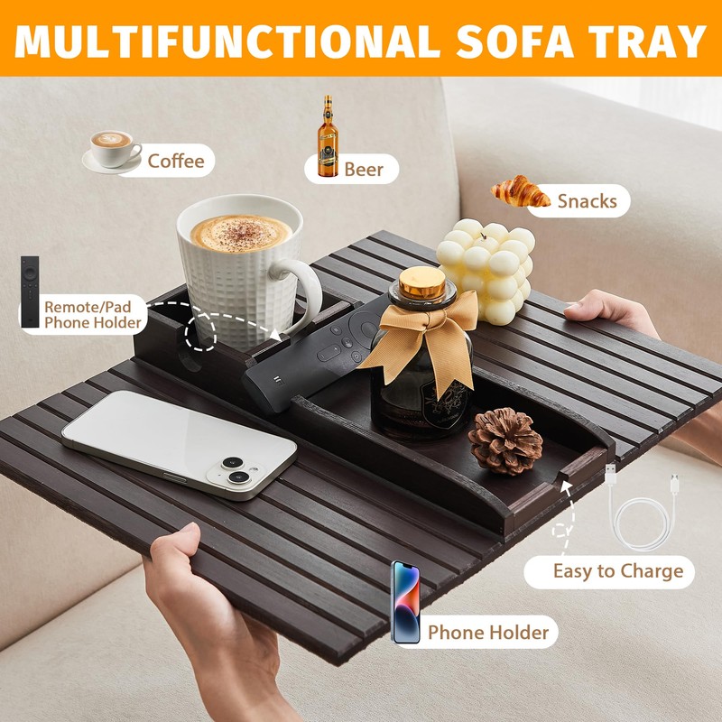 GEHE Bamboo Couch Cup Holder, Anti-Spill Sofa Arm Tray, Natural