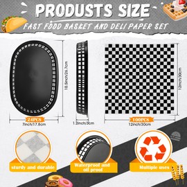 Uiifan 24 Pcs Fast Food Baskets with 100 Deli Liners Deli Baskets Food Baskets 10.5 x 7 Inch for Serving Burger Baskets Chip Baskets Service Basket Trays for Hot Dog Hamburger Bread Picnic(Black)