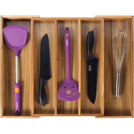 VaeFae Acacia Kitchen Silverware Organizer, Cutlery Drawer Organizer with 5 Compartments, Wooden Utensil Holder for Flatware and Cooking Tools