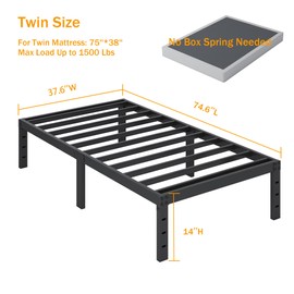 SHLAND Twin Bed Frames, 14 Inch High Metal Platform Bed Frame Mattress Foundation with Steel Slats Support, No Box Spring Needed, No Noise, Easy Assembly