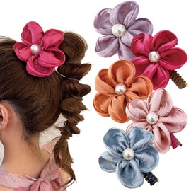 Colorful Phone Wire Hair Bands Flower Beads Spiral Hair Ties Ponytail Holder No Damage Phone Cord Hair Ties Bobbins for Women and Girls Thin Thick Accessories 5 Pack