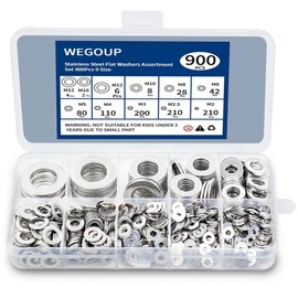 WEGOUP 900 Pcs Stainless Steel Flat Washers for Screws, 304 Stainless Steel, Assorted Sizes (M2 M2.5 M3 M4 M5 M6 M8 M10 M12) for Industrial Use, Washers for Bolts