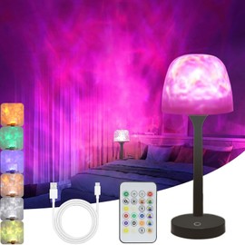 Cordless Table Bedside Lamp and Ocean Wave Projector Light [2 in 1],Touch & Remote Control,3 Way Color Temperature,16 Color Changing Light,Dimmable,Rechargeable Aurora Night Lights for Bedroom Party
