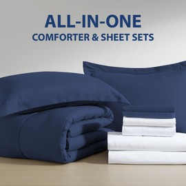 Cathay Home Basic Bedding Home Essential Ultra Soft Light Weight 8PC Wrinkle Resistant Microfiber Bed in a Bag Set (Includes Complete Sheet Set, Comforter Set & Bedskirt) - Queen, Indigo