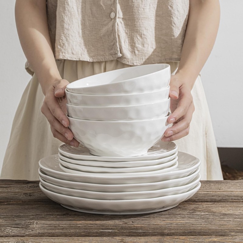 HOMBENE White Dinnerware Set 12 Piece Service for 6, Porcelain