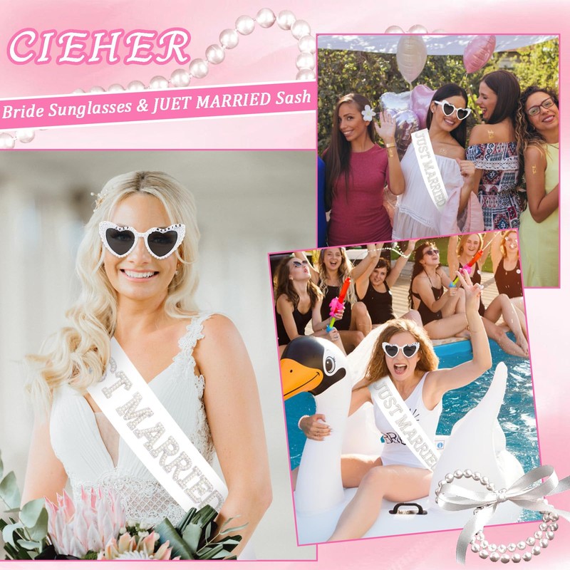 CIEHER Just Married Pearl Bride Sash and Bride Heart Shaped