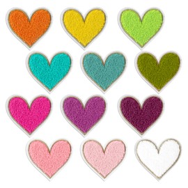 12Pcs Heart Iron On Patches Chenille Iron On Patches Cute Iron Patches for Clothing Colorful Embroidery Patch Mini Iron On Patches for Clothes Jackets Jeans Hats Bags