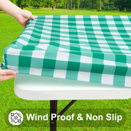 smiry Rectangle Picnic Table Cloth, Elastic Waterproof Fitted Vinyl Tablecloth for 6 FT Tables, Flannel Backed Buffalo Plaid Table Covers for Dining, Camping, Outdoor (White and Green, 30" x 72")