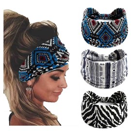 Gemcres 3PCS Boho Bandeau Headbands Wide Knot Hair Bands Stretch Elastic Floral Printed Hairband Yoga Sport Workout Turban Headwraps Stylish Fabric Head Bands Hair Accessories for Women Girls (D)