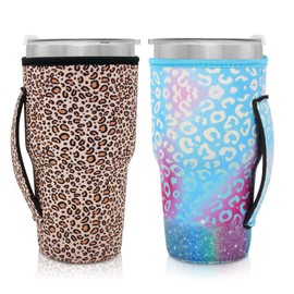 AJLTPA Neoprene Insulated Sleeves Cup Holder with Handle for 30oz - 32oz Tumbler Cups, Reusable Iced Coffee Cup Sleeve For XLarge 38-42oz Coffee cups(Leopard Prints(2 Pack))