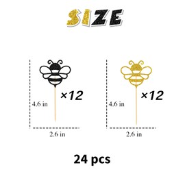 Ambishi 24pcs Bumble Bee Cupcake Toppers, Bee Theme Baby Shower / 1st Birthday/Wedding Party Decoration, Kids Birthday Gender Reveal Party Supplies, Black & Gold Glitter