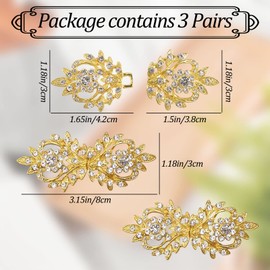 WANDIC Cloak Clasp Fasteners, 3 Pairs 7CM Gold Clips with Rhinestone Vintage Cape Sew On Hooks and Eyes Clasps Cardigan Clips for Clothing Sweater Shawl