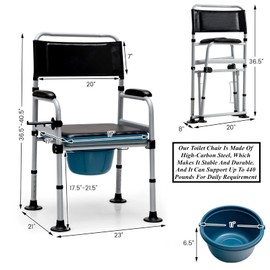 Bedside Commode Folding Toilet Chair Shower Chair with Tissue Holder Detachable Bucket 5 Level Adjustable Height Carbon Steel Frame Anti Slip Foot Pads Perfect for Elderly Pregnant Disabled Injured