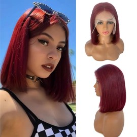 OiMiGO 99J Burgundy Bob Wig Human Hair 13x4 HD Lace Front Wigs for Women,Free Part Lace Frontal Bob Wig, Glueless Short Human Hair Wigs,Pre Plucked Bleached Knots 180% Density (8Inch)