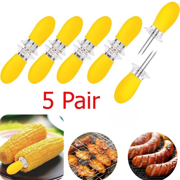 Unbranded 5 Pair Yellow Corn Cob Holders Stainless Steel Fork