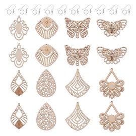PandaHall 16 Pieces Geometric Hollow Butterfly Drop Pendants Blank Unfinished Wood Filigree Flower Drops Dangle for Boho Earrings Jewelry Making