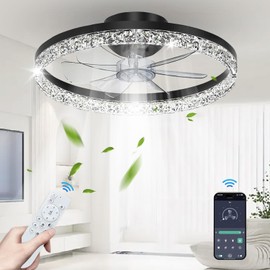 Ceiling Fans with Lights and Remote, Modern Low Profile Ceiling Fan with Light, 3000-6500K Dimmable Bladeless LED Fan Light, 6 Speeds Black Flush Mount Crystal Chandelier Fandeliers for Bedroom