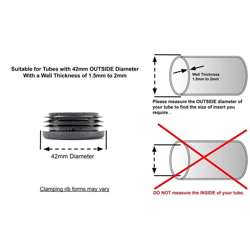 42mm Plastic End Caps, Black Round Tube Inserts, Pack of