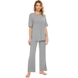 WiWi Women's Viscose from Bamboo Pajamas Set Short Sleeve with Pants Pajama Soft Summer Sleepwear Loungewear S-XXL, Heather Grey, Medium