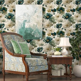 VOLEAAR Dark Teal Poppy Oil Floral Peel and Stick Wallpaper 17.5" x 118"