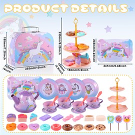 Lewtemi Kids Tea Party Set for 3 Year Old Girls Princess Tea Pretend Toy Kids Kitchen Pretend Play Tea Party Set Toys with Dessert Doughnut Carrying Case for Xmas Birthday Gift(48 Pcs, Unicorn Style)