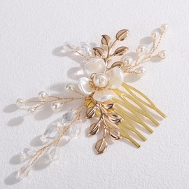 Lenjicons Vintage Flower Leaf Pearls Crystal Hair Comb Golden Leaf Rhinestone Beads Hair Comb Bridal Pearls Crystal Hairpiece Golden Wedding Hair Accessories for Women