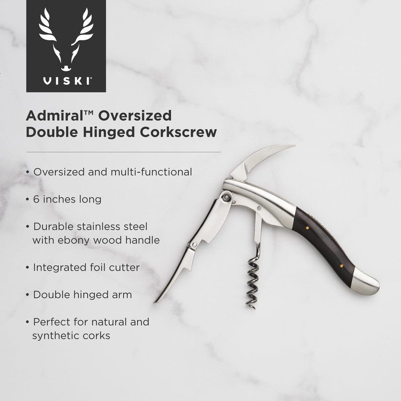 Viski Admiral Oversized Double Hinged Waiters Corkscrew Wine Opener with
