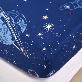 Chickwin Fitted Sheet, 150 x 200 cm, Children's Mattress Protector, Fitted Sheet Made of Polyester Fibres, Cartoon Space Pattern Sheet, Fitted Sheet for Box Spring Beds, Mattresses up to 30 cm in Height, Blue Space