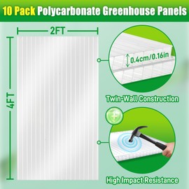 Sinimaka 10 Pack Polycarbonate Greenhouse Panels, 4' x 2' x 0.16'' Twin-Wall Polycarbonate Sheets, All Weather Clear Roof Panels Greenhouse Replacement Panels
