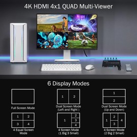 4 Port HDMl KVM Multiviewer 4K@30Hz, 4x1 Quad Multi Viewer Seamless Switcher 4 in 1 Out Support 4K 1080P 720P, 6 Viewing Modes with Keyboard Hotkey Switch and IR Remote