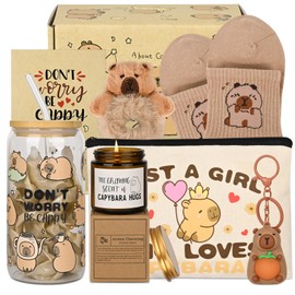 Capybara Gifts for Women Capybara Stuff with Glass Cup Makeup Bag Sock Hair Bands Capybara Keychain and Candle Gift Cards Gift for Capybara Lover
