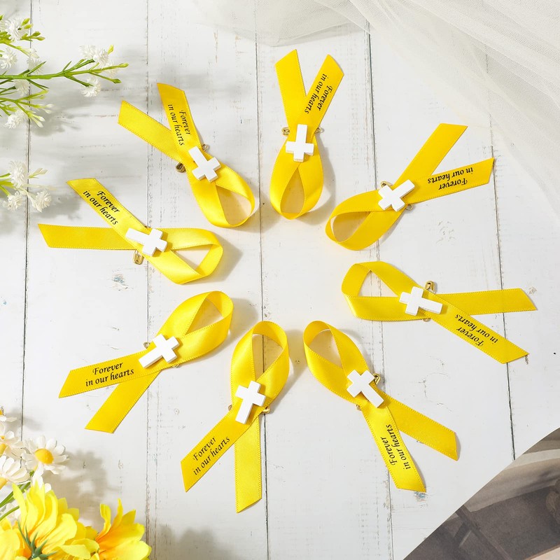 50 Pcs Memorial Funeral Ribbon with Cross Pins, Yellow