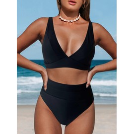 Hilinker - Traje de baño de bikini de leopardo para mujer, cuello en V, cintura alta, 2 piezas, Todo negro, X-Large