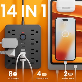 Power Strip Surge Protector, Chiefway 5 Ft Flat Extension Cord with 8 AC Outlets, 4 USB Ports, 2 USB C Ports and One Button Control, Multi Plug Wall Outlet for Home Office Dorm Room, Black