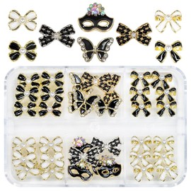 qiipii 36Pcs Elegant Cute Charms for Nails Bow Butterfly Mask Luxury Kawaii Charms Black White Nail Rhinestones Pearls Charms 3D Alloy Nail Gems Cute Nail Art Supplies for Acrylic Nails DIY Crafts
