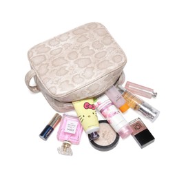 Daisy Rose Cosmetic Toiletry Bag | PU Vegan Leather Travel Bag - Cream Snake
