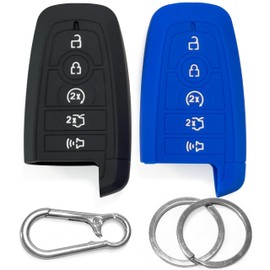 2-Pack Click&Fit Silicone Key Fob Covers Compatible with Ford 2017-2022 F-150/Raptor Explorer Edge Mustang Expedition Fusion F-350 F-250 – Car Remote Key Shell Rubber case 5-Buttons, Black+Blue