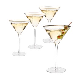 Gold Rim Martini Glasses - Set of 4-10 oz, 24K Gilded Classic Vintage Glasses For Martinis, Cocktails, Champagne, Water & Wine - Hand Blown Classic Coupes Gilded Rimed, Crystal Coupe with Long Stems