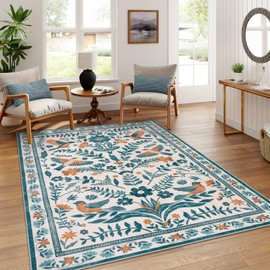 LIVEBOX Washable 5x7 Area Rug, Soft Boho Beige Area Rug for Bedroom, Non-Slip Vintage Large Living Room Rug, Ultra-Thin Floral Birds Mat Non-Shedding Carpet for Dining Room Nursery, Beige