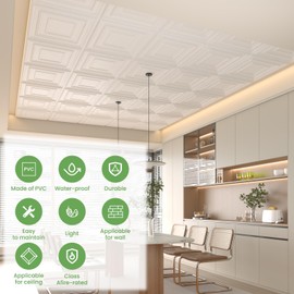 Noliven 24 pcs 2ft x 2ft Drop Ceiling Tiles, PVC Glue Up Ceiling Panel White, Waterproof, Washable and Fire-Rated - Reusable - ceiling tiles peel and stick High-Grade PVC to Prevent Breakage 96 Sq. Ft